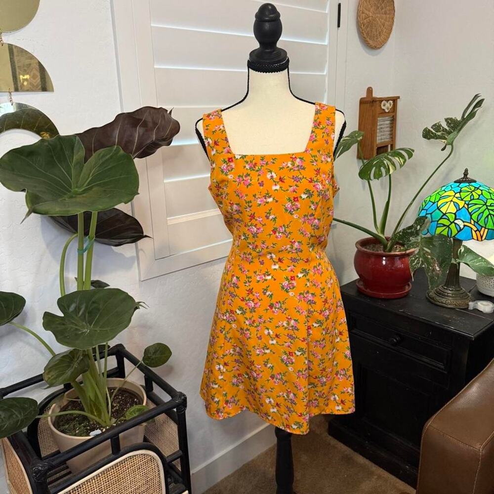 Vintage 90s Boho Coquette Fairy City Triangles Orange Floral Mini Dress